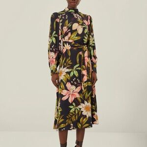 FARM Rio BNWT Black Surreal Flowers High Neck Midi Dress
